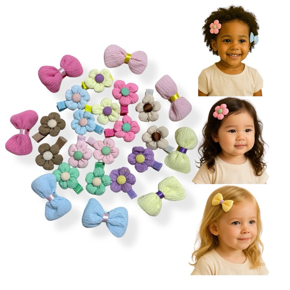 🌸 24-Piece Handmade Hair Clip Set | 8 Flower Pairs & 4 Bow Pairs 🎀 - Picture 3 of 16